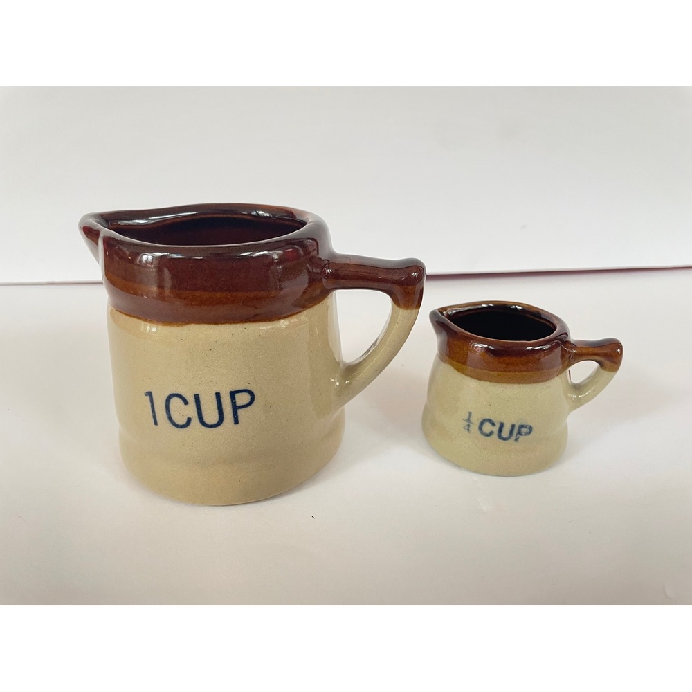 Vintage Ceramic Measuring Pitcher Set 1 Cup and 1/4 Cup Brown Stoneware
